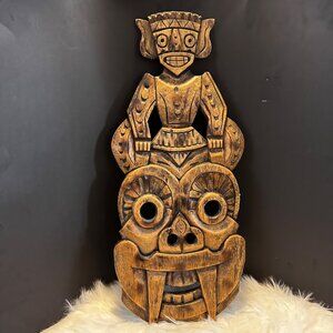 Vintage Hand Carved Wood Tiki Rustic Primitive Wall hanging, Native Mask design